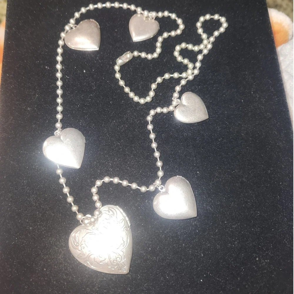 Silver Tone Heart Locket Charm‎ Necklace Beaded Chain Love Rose Engraved